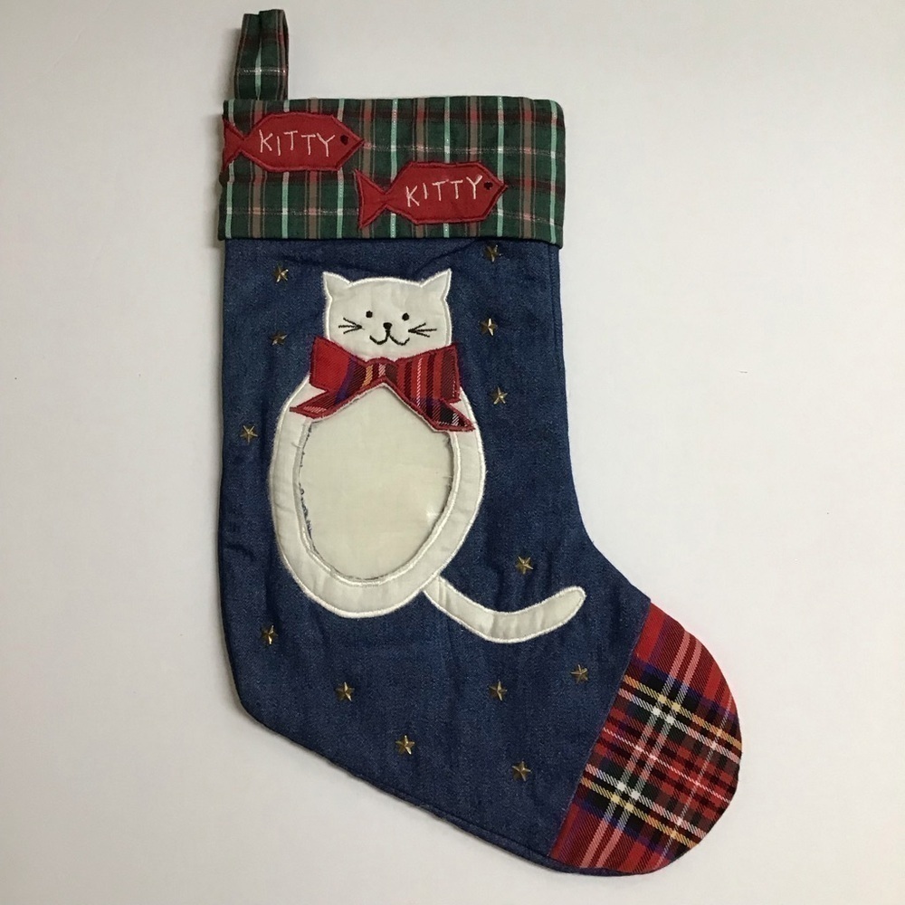 Cat Christmas Stocking Picture Frame Kitten Kitty Pet Applique Plaid Denim Stars